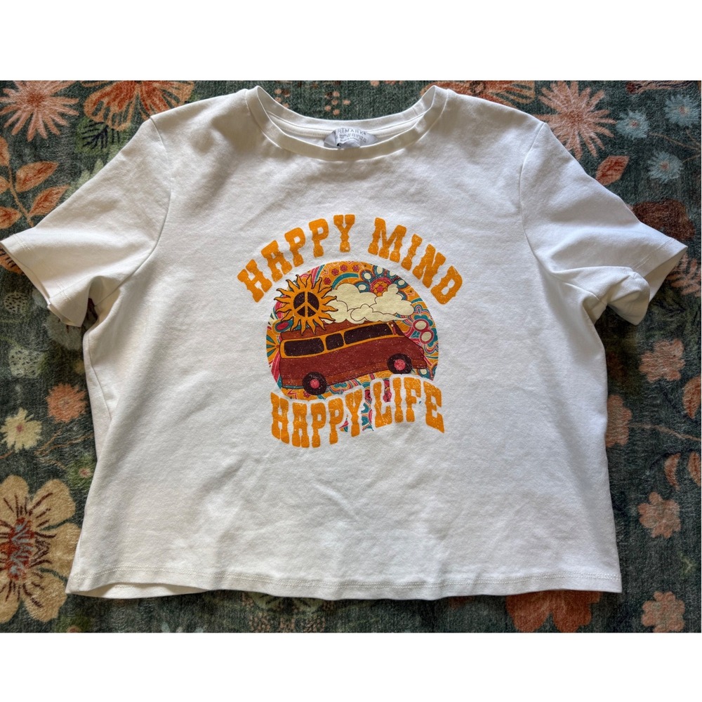 Primark Happy Mind Happy Life Retro Van Graphic Tee White 2XL Womens Shirt